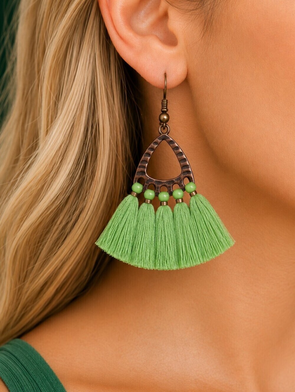 3" Green Fan Tassel Earrings
